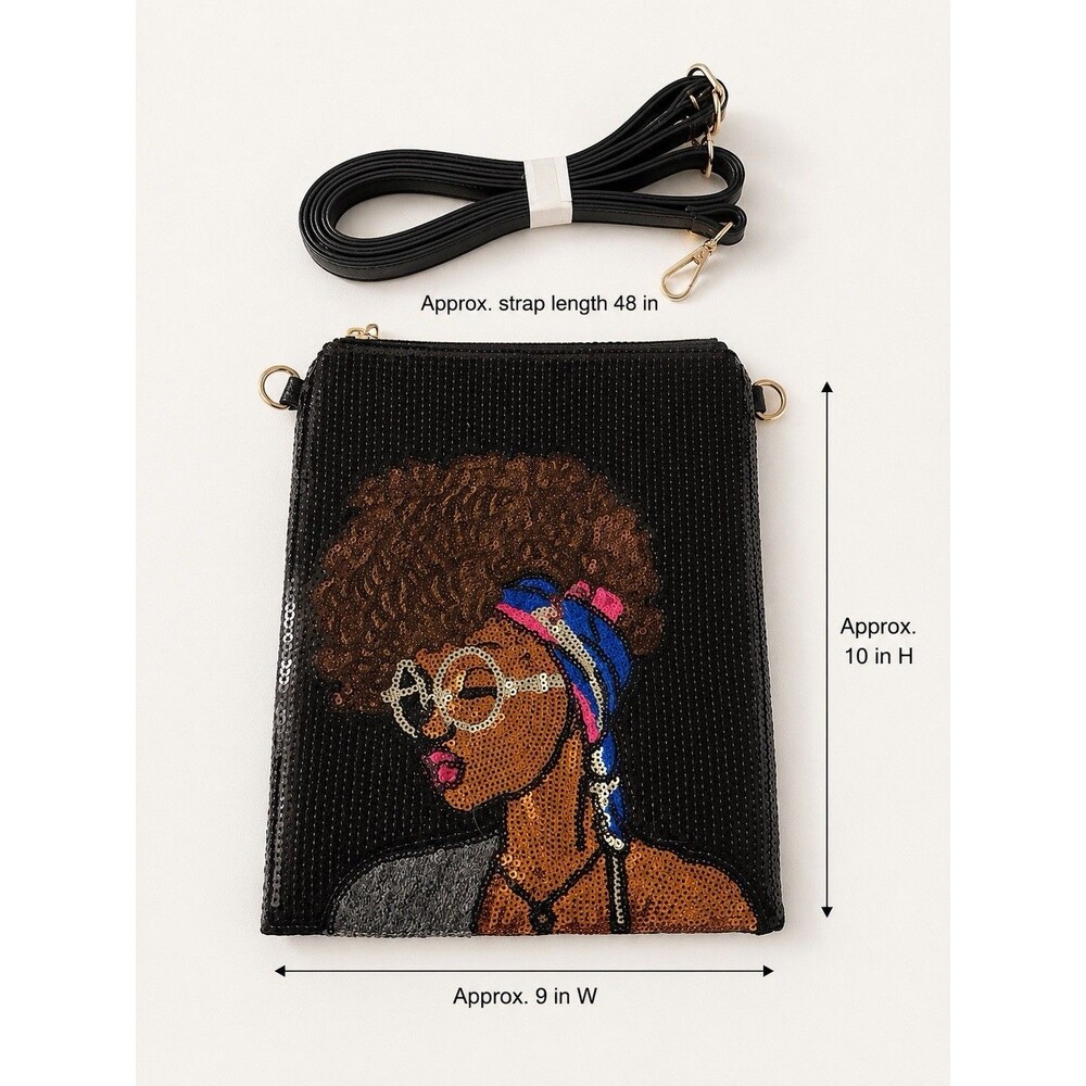 UNNI Black Sequin Crossbody Bag Natural Hair Woman Purse Gold Accent Bag - Picture 9 of 10